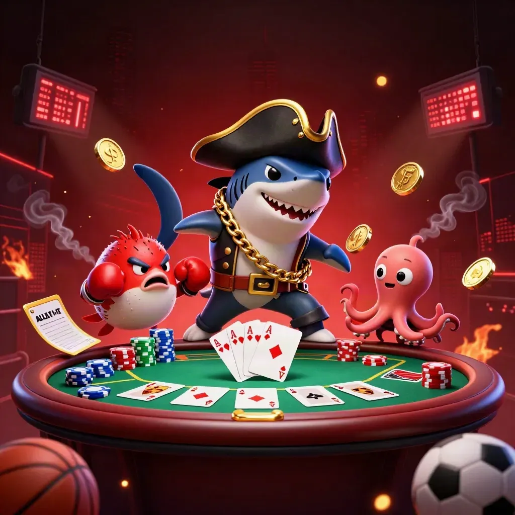 Pirate shark, boxing pufferfish, and juggling octopus amid casino cards and chips, dramatic red-black glow.