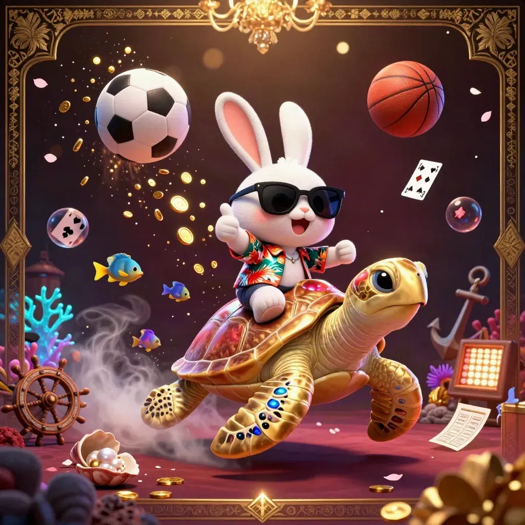 Lucky rabbit rides a gem-shell turtle through a gold treasure cove with sports balls and casino glow