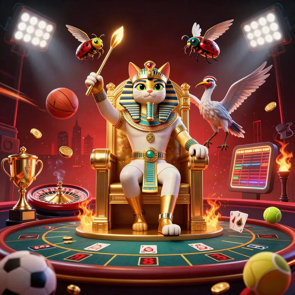 Pharaoh cat, ibis scribe, and scarab beetles amid casino gold, sports balls, and neon lights.