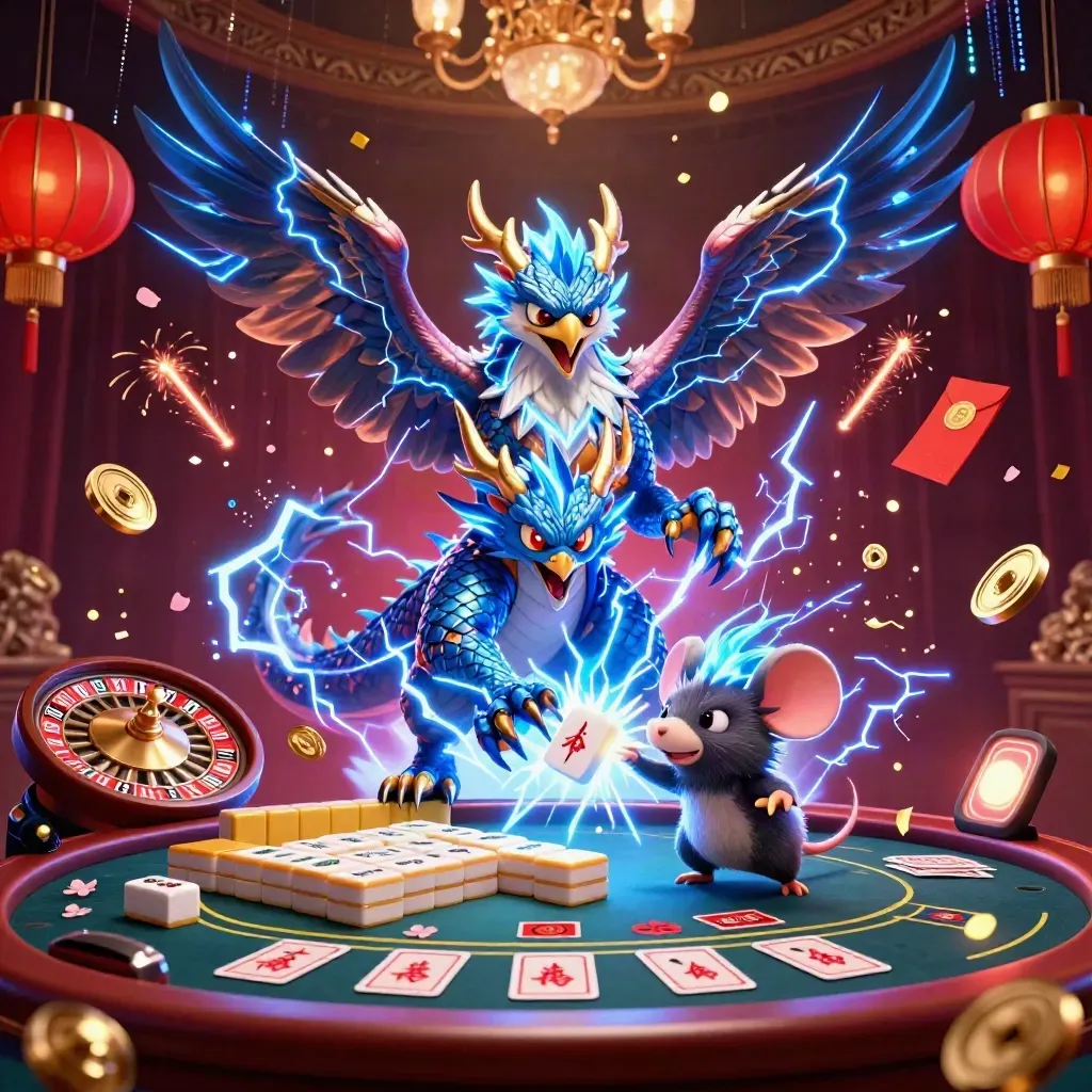 Thunder dragon, wind hawk, and static mouse amid casino luxury, mahjong tiles and glowing effects.