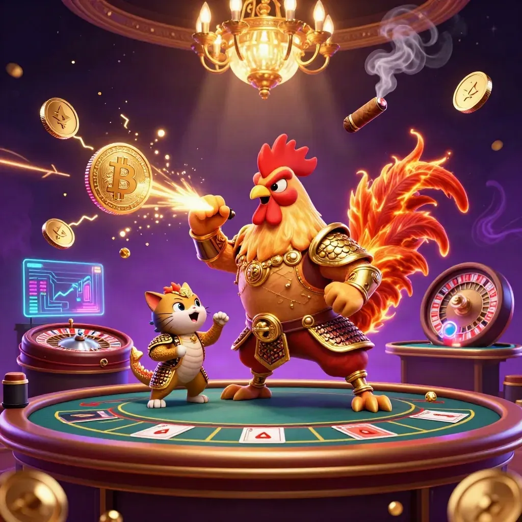 Rooster warrior, dragon hatchling, and fortune-cat in a neon casino fantasy scene.