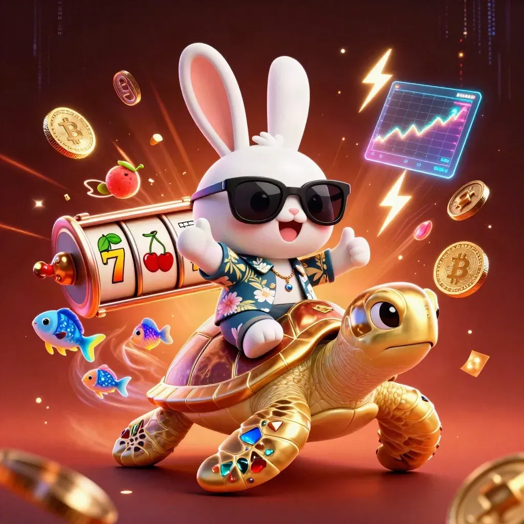 Lucky rabbit on a gem turtle amid neon casino icons and crypto coins.