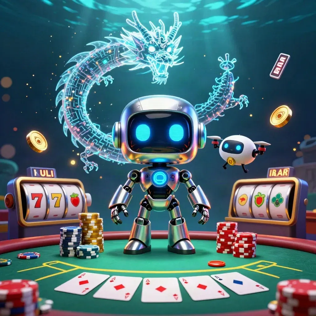 Chrome robot, holographic dragon and coin drone over poker table with neon casino glow.